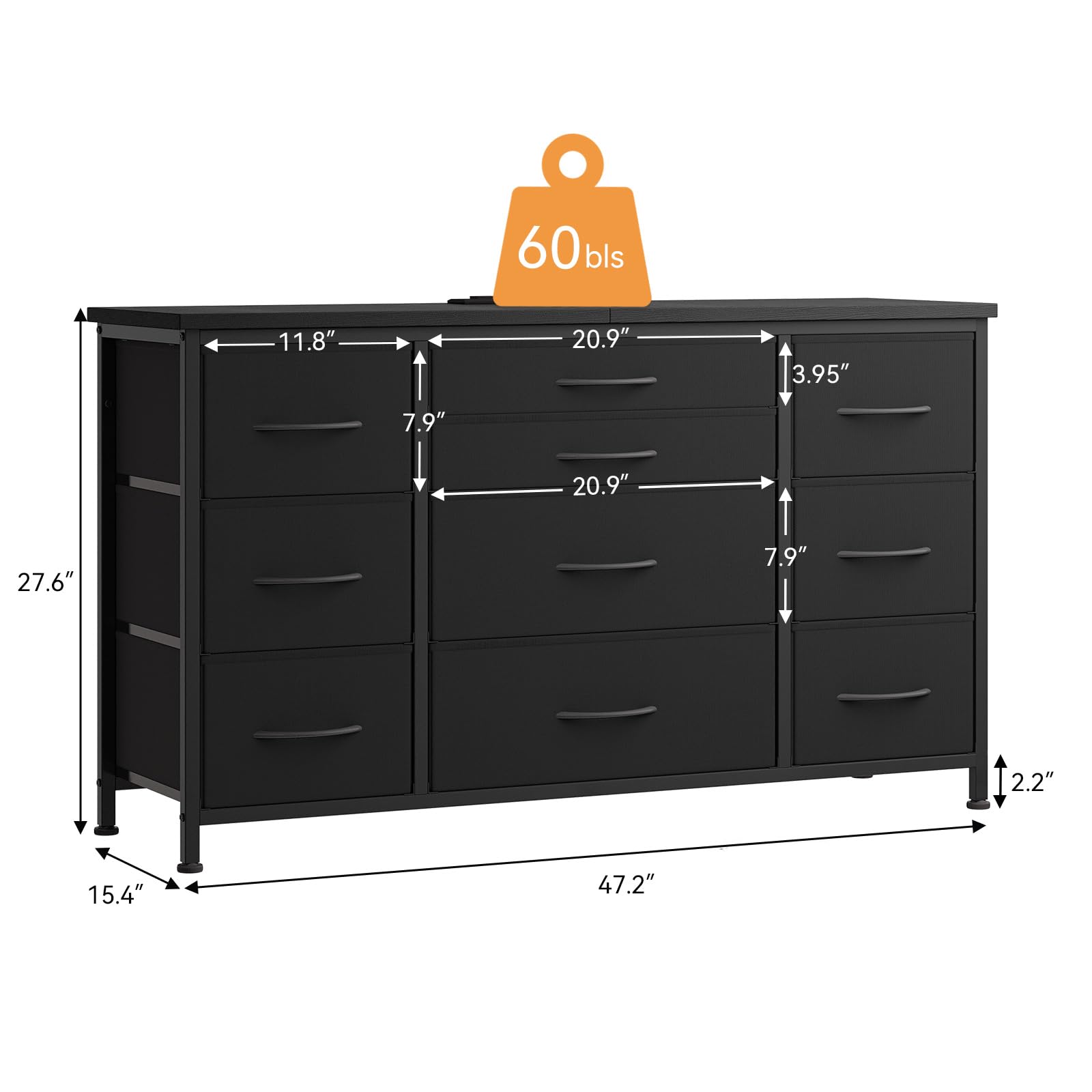 Cassettiera Garvee con 10 cassetti, cassettiera da 120 cm con gambe in metallo per camera da letto, soggiorno, ufficio, 120x70x40 cm, effetto legno