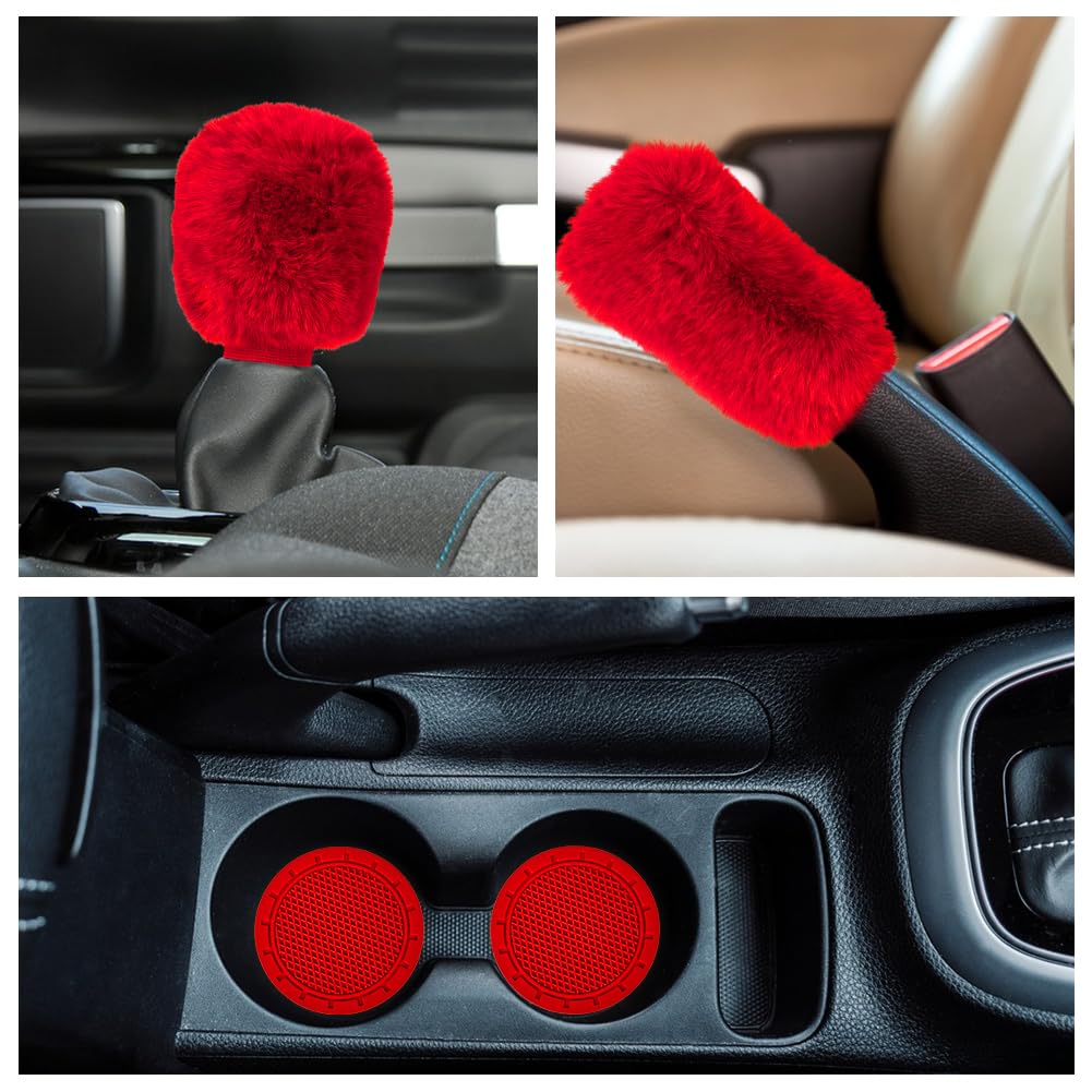 Garvee Coprivolante Soffice 6 Pezzi Accessori Auto in Peluche Rosso Invernale per Volante Freno a Mano Pomello del Cambio