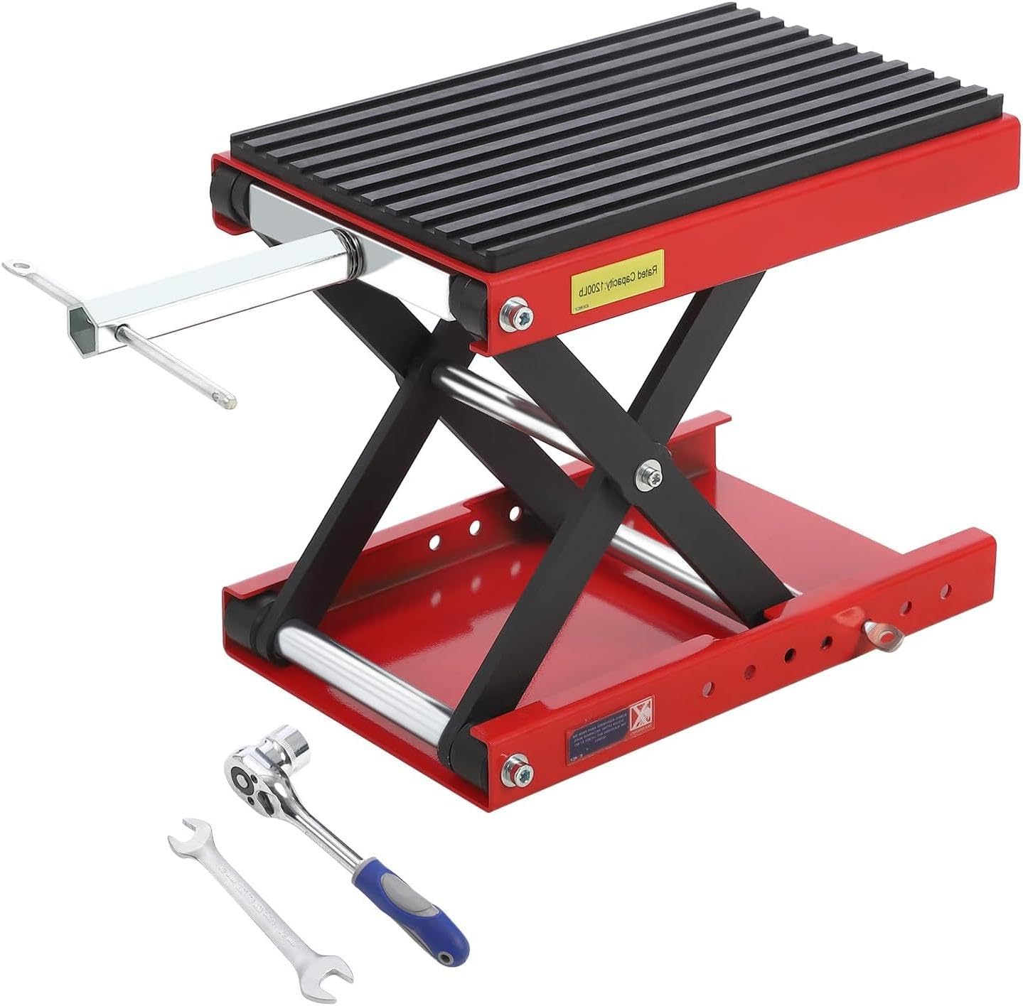 Sollevatore per moto Garvee da 1200 libbre, supporto a forbice per impieghi gravosi con ampia piattaforma e perno di sicurezza per moto da cross e moto da strada, pieghevole, telaio a X in acciaio, cuscinetti in gomma