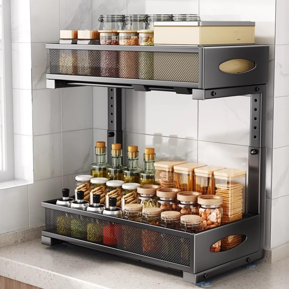 GARVEE Organizer per lavello a 2 livelli con anta scorrevole, bagno/cucina, bianco, organizer per armadietto ordinato