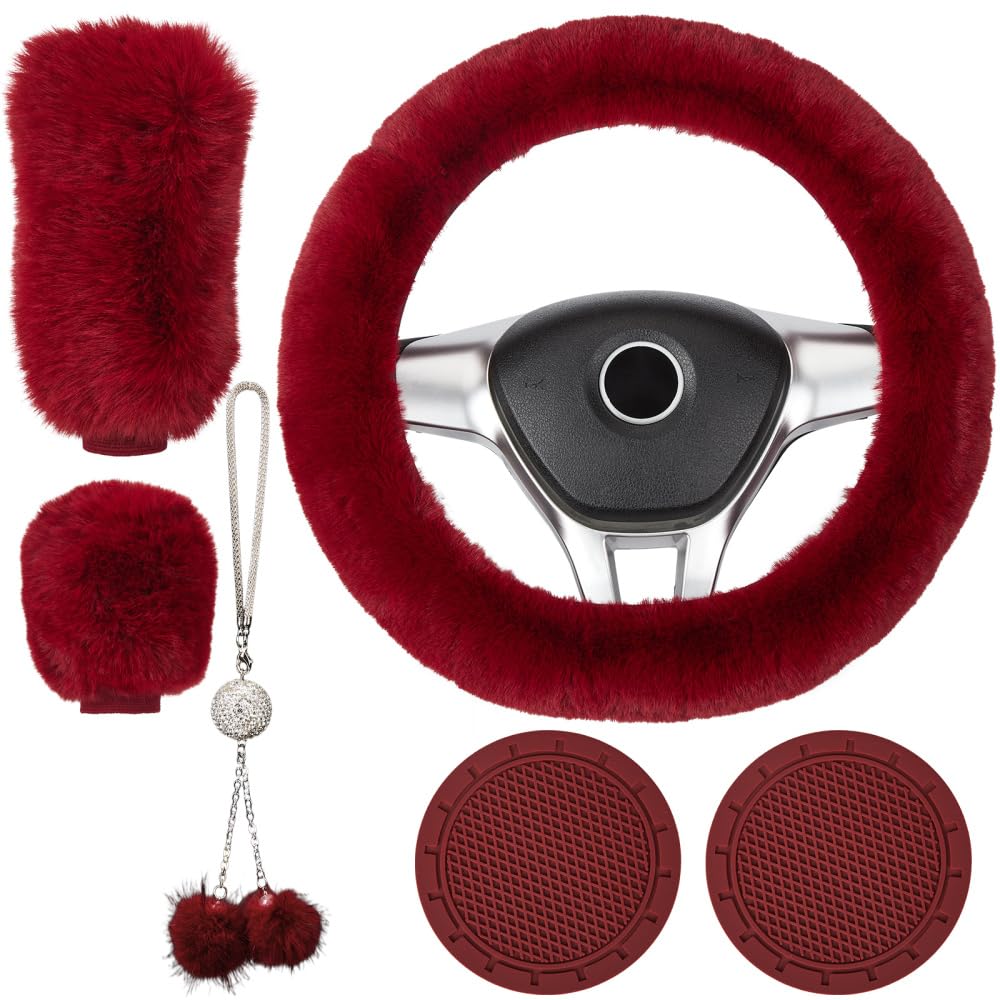 Garvee Set di 6 coprivolante morbidi con coprifreno a mano e portachiavi in peluche per interni auto, bordeaux, elastico, invernale