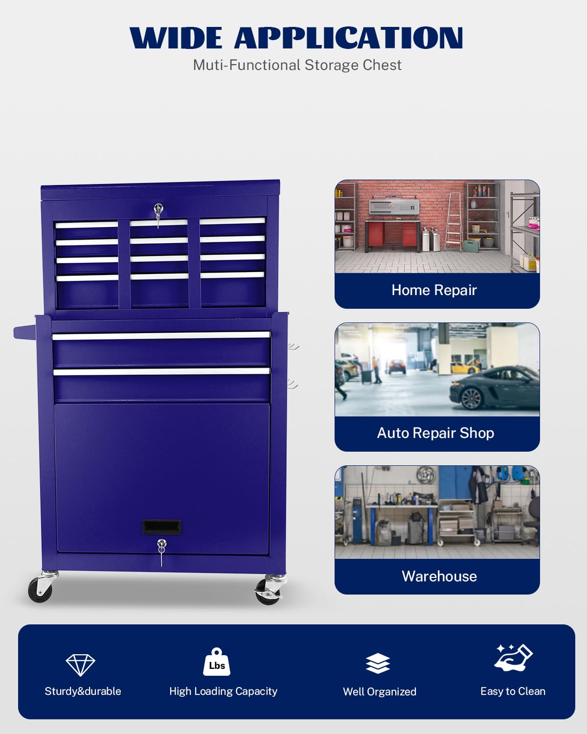 Carrello portautensili Garvee a 8 cassetti con cassetta portautensili staccabile 2 in 1, acciaio, officina e garage, bloccabile, con ruota, ammortizzante