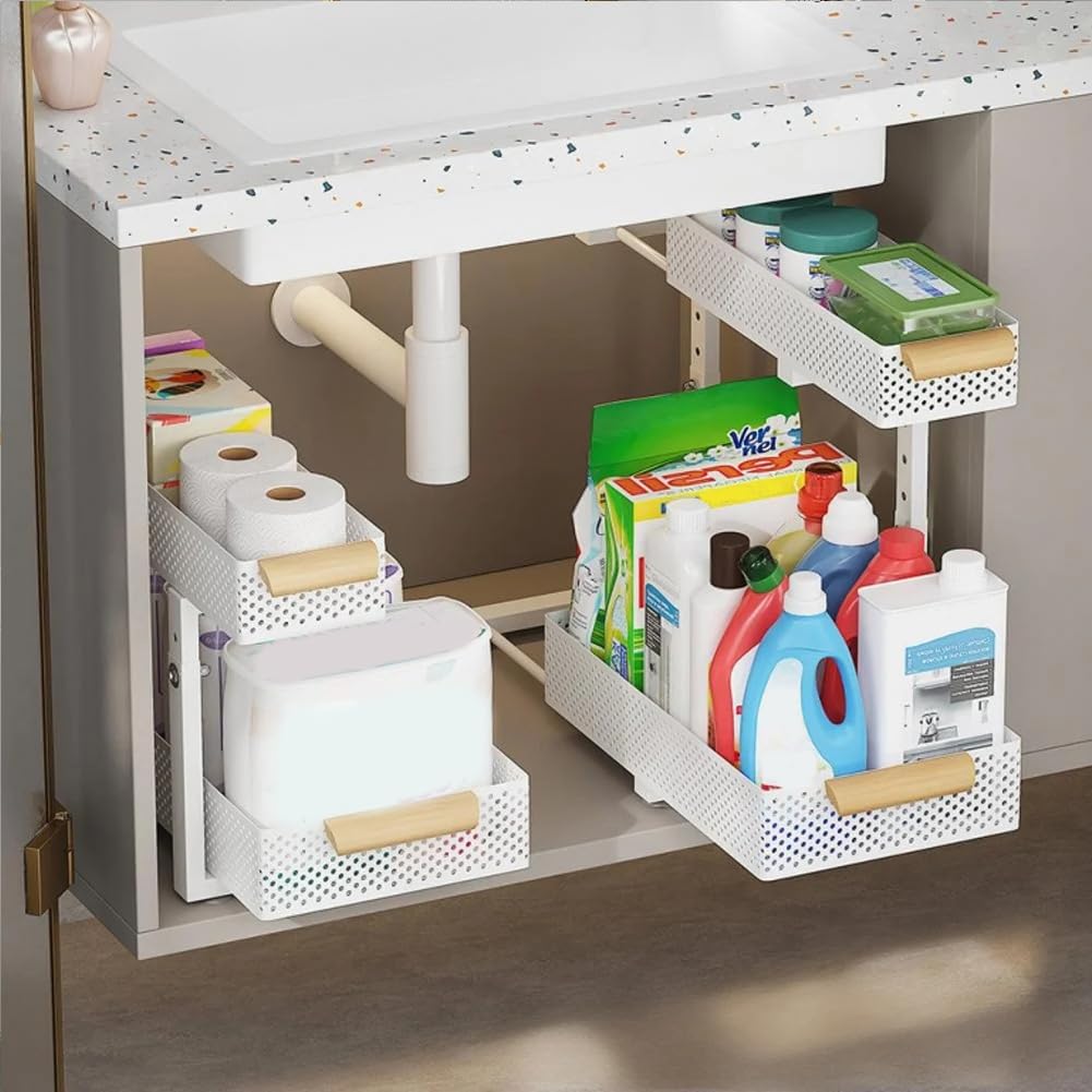 Organizzatore sottolavello Garvee, set da 2, metallo, cassetto scorrevole a 2 livelli, altezza regolabile, cucina, bagno, dispensa