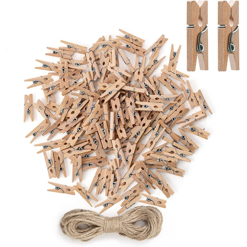 Garvee 100 pezzi Mini mollette in legno da 2,5 cm con spago di iuta per decorazioni fai da te per il giardinaggio in legno naturale