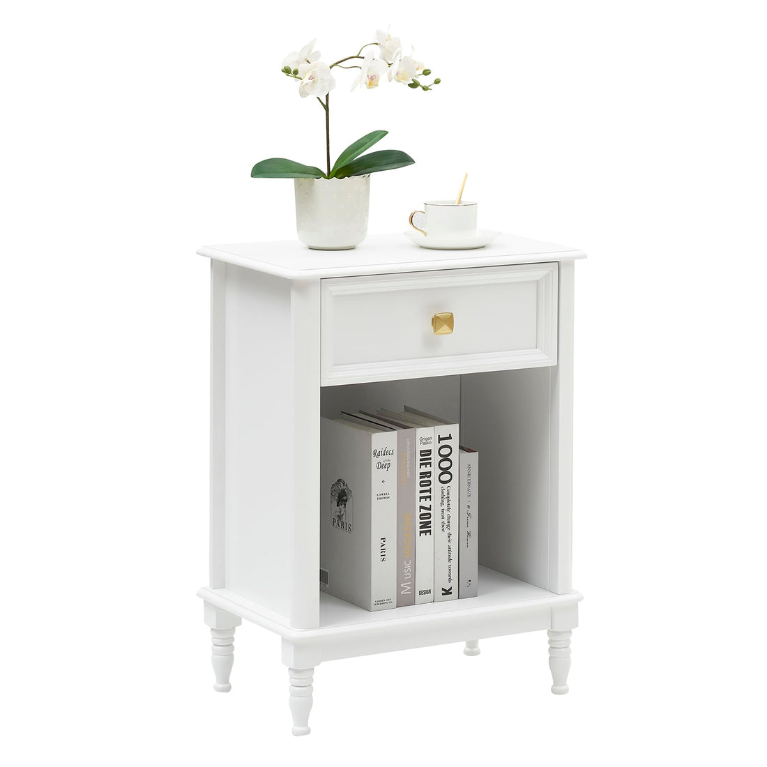 Comodini Garvee bianchi, set da 2, in legno con cassetto e ripiano, per camera da letto e soggiorno, compatti e pratici.