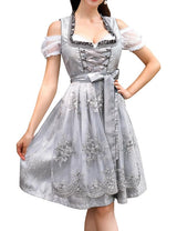 Garvee - Vestito tradizionale Dirndl Midi da donna, set da 3 pezzi con grembiule e camicetta per l'Oktoberfest, grigio vintage, taglia 42