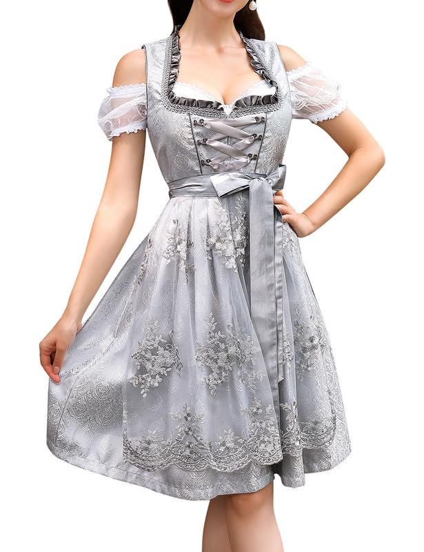 Garvee - Vestito tradizionale Dirndl Midi da donna, set da 3 pezzi con grembiule e camicetta per l'Oktoberfest, grigio vintage, taglia 42