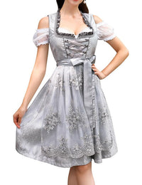 Garvee - Vestito tradizionale Dirndl Midi da donna, set da 3 pezzi con grembiule e camicetta per l'Oktoberfest, grigio vintage, taglia 42