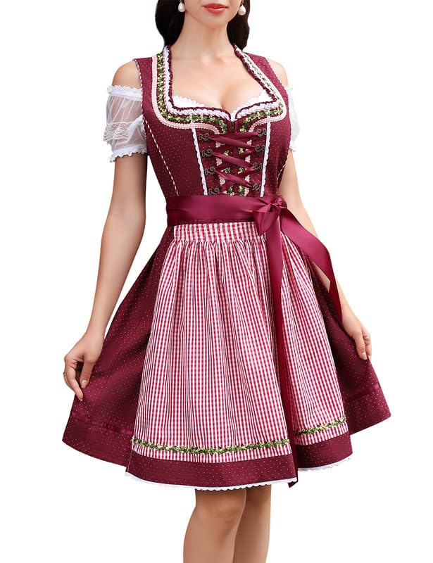 Abito tradizionale Dirndl midi da donna Garvee, 3 pezzi, con camicetta in pizzo bianco e grembiule, blu navy, taglia 34