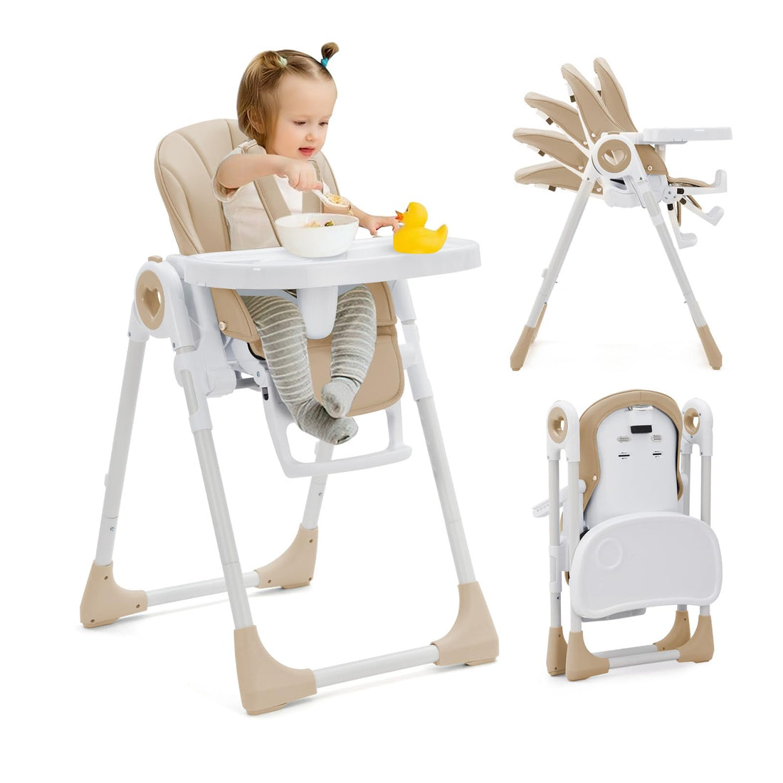 Seggiolone pieghevole Garvee per bambini dai 6 ai 36 mesi, leggero, cintura di sicurezza a 5 punti, vassoio rimovibile, beige, cucine piccole