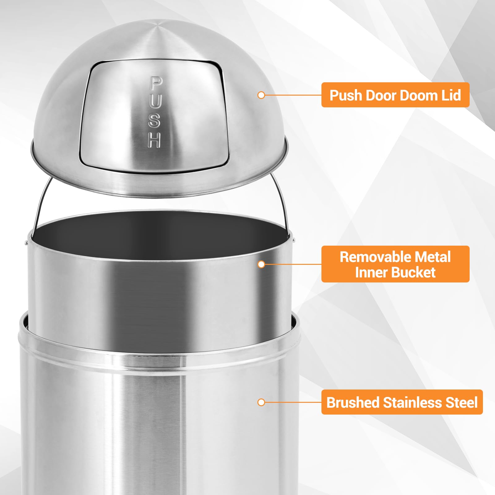 Pattumiera Garvee in acciaio inox da 18,5 galloni con coperchio a pressione per uso commerciale e all'aperto, 15,4x15,4x34,6 pollici, antiruggine
