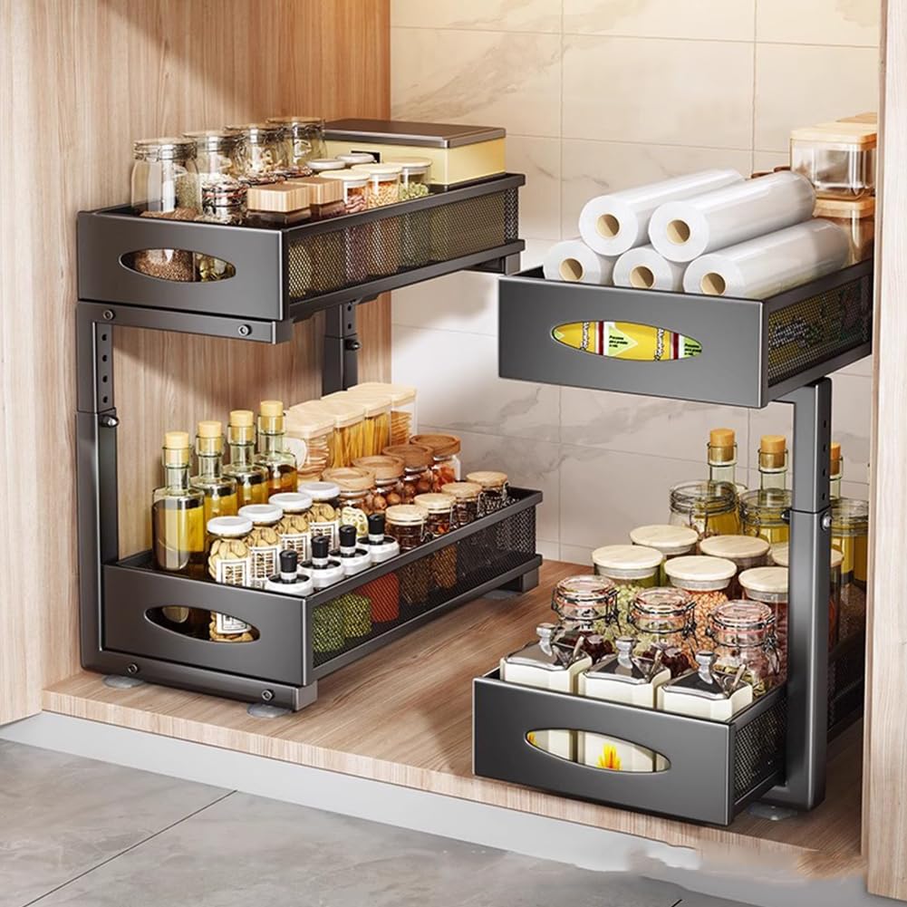 GARVEE Organizer per lavello a 2 livelli con anta scorrevole, bagno/cucina, bianco, organizer per armadietto ordinato