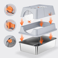 Lettiera per gatti Garvee in acciaio inox di grandi dimensioni con coperchio, doppia entrata, a prova di perdite, grigia, 15.35'' - Per gatti di grandi dimensioni