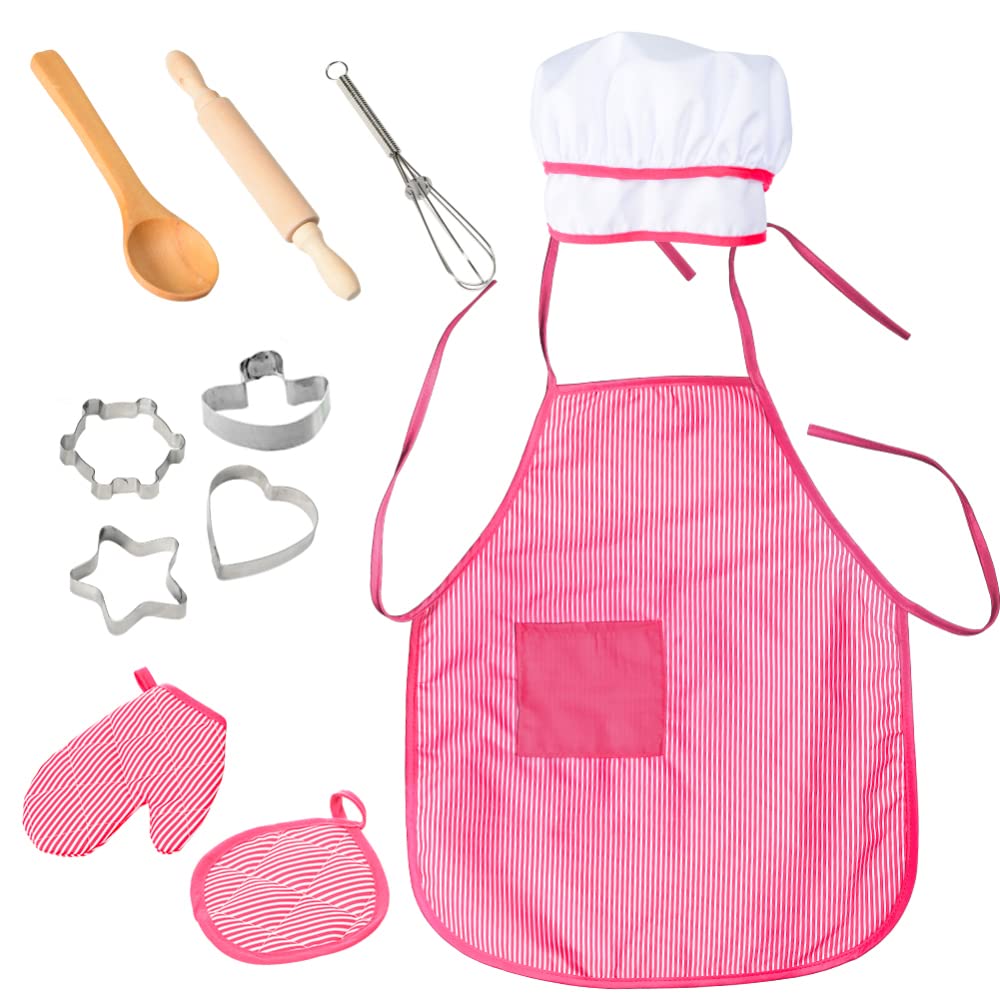 Set da cucina per bambini Garvee, 11 pezzi, con cappello da cuoco a righe rosse e grembiule per giochi di ruolo in cucina, lavabile, sicuro, rosso