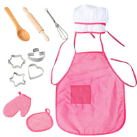 Set da cucina per bambini Garvee, 11 pezzi, con cappello da cuoco a righe rosse e grembiule per giochi di ruolo in cucina, lavabile, sicuro, rosso