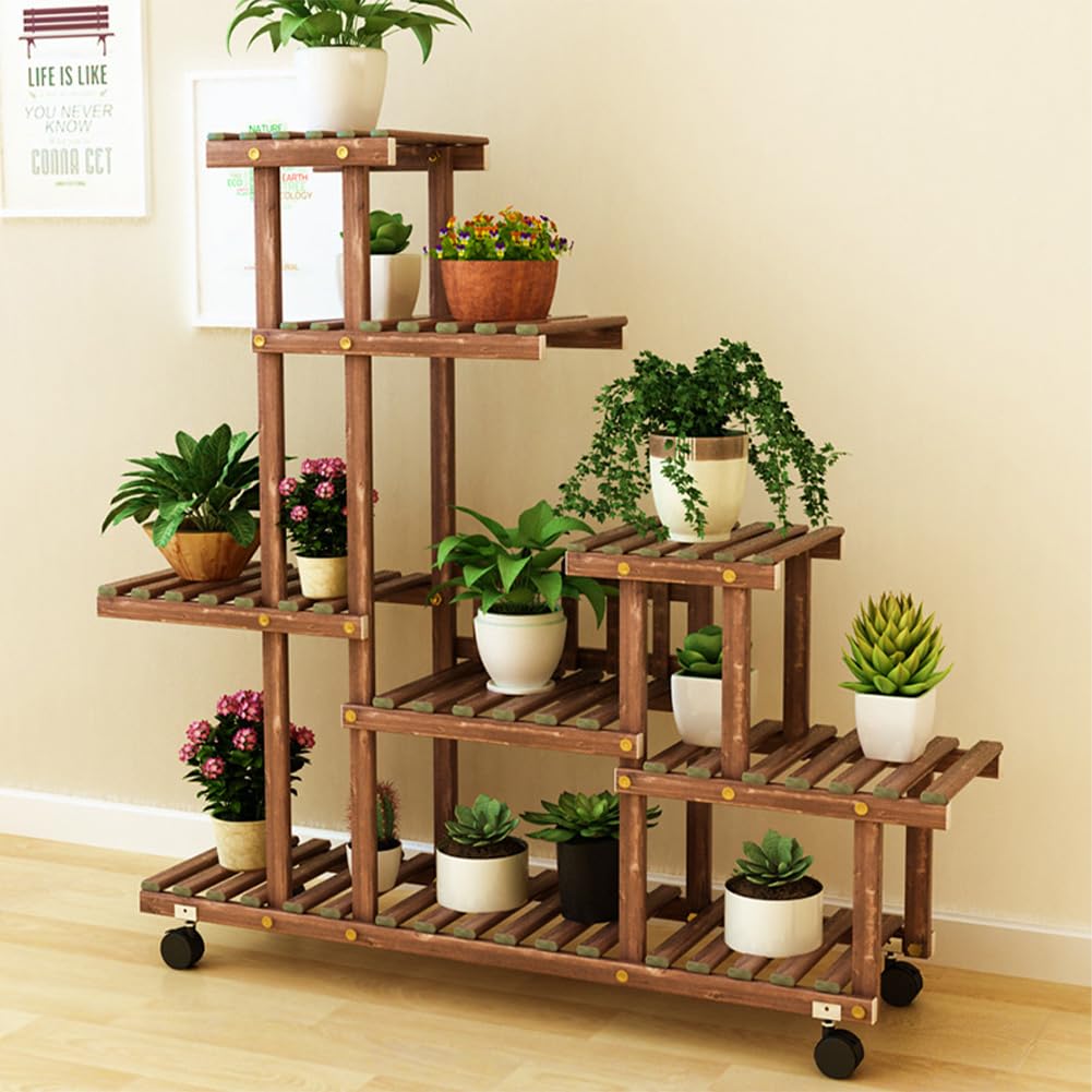 GARVEE Portavasi con Ruote, Mensola per Fiori in Legno Massello, Mensola per Piante da Interno/Esterno, Mensola per Piante a Scala per Fiori Multifunzionale e Salvaspazio per Balcone/Terrazza, 106 L x 25 P x 95 A cm