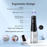 Garvee 300 ml Filo interdentale portatile senza fili con 4 modalità e 4 ugelli per casa e viaggio, ricarica rapida USB, impermeabile IPX7, batteria da 2500 mAh, nero