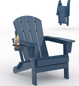 Garvee Sedia Adirondack Pieghevole in HDPE Resistente Tutto Tempo con Portabicchiere Blu Navy per Patio e Giardino, Braccioli Larghi, Effetto Legno Testurizzato, 76 cmP x 74 cmL x 90 cmA - Blu Navy