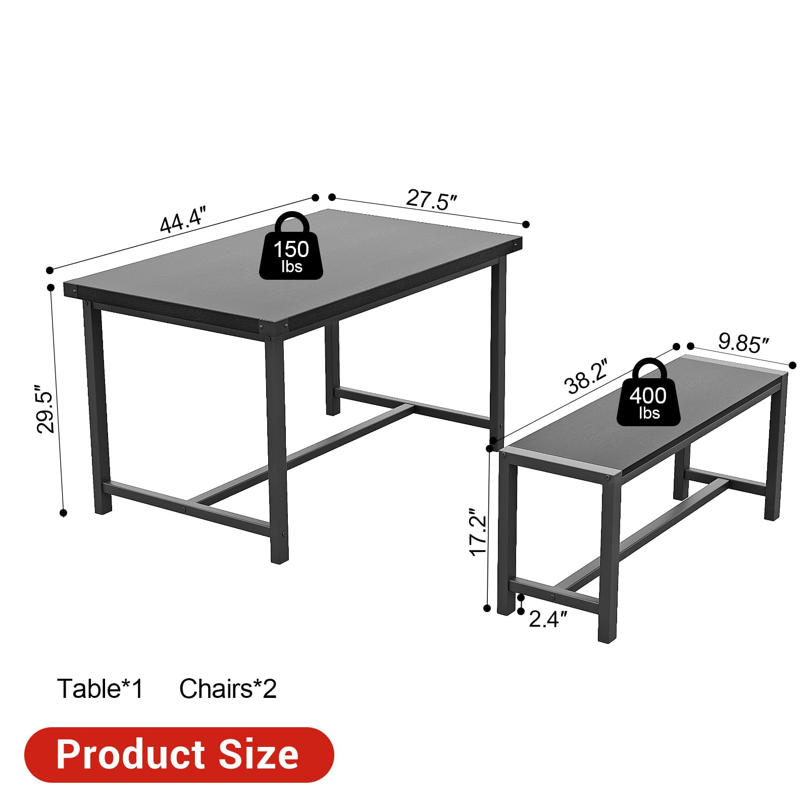 Set da pranzo Garvee per 4 persone con tavolo rettangolare e 2 panche in legno, robusto, rustico, salvaspazio, ideale per stanze piccole, MDF e acciaio, marrone