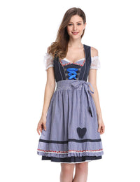 Abito tradizionale Dirndl da donna Garvee, corto con ricami, per l'Oktoberfest, set da tre pezzi, a pois, blu scuro, taglia 34