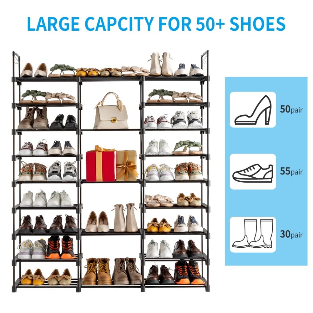 Scarpiera Garvee a 9 ripiani per 50 paia di scarpe, struttura in metallo, ripiani in PP impermeabili, con ganci, per corridoio e garage, nero, impilabile