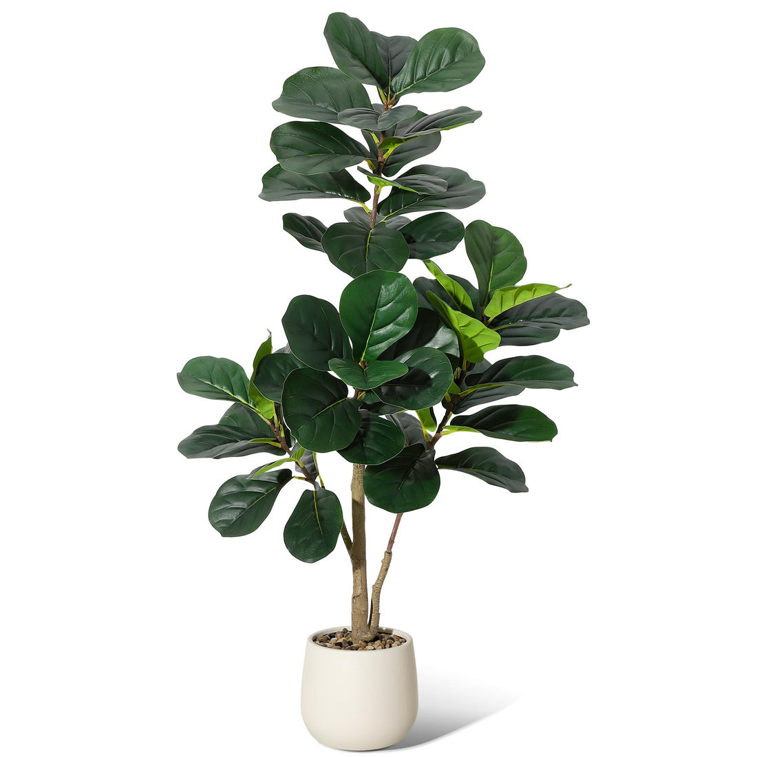 Albero artificiale di Ficus Lyrata Garvee da 4 piedi con 48 foglie, fioriera bianca da 7,8 pollici, base in cemento robusto per soggiorno e ufficio