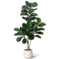 Albero artificiale di Ficus Lyrata Garvee da 4 piedi con 48 foglie, fioriera bianca da 7,8 pollici, base in cemento robusto per soggiorno e ufficio