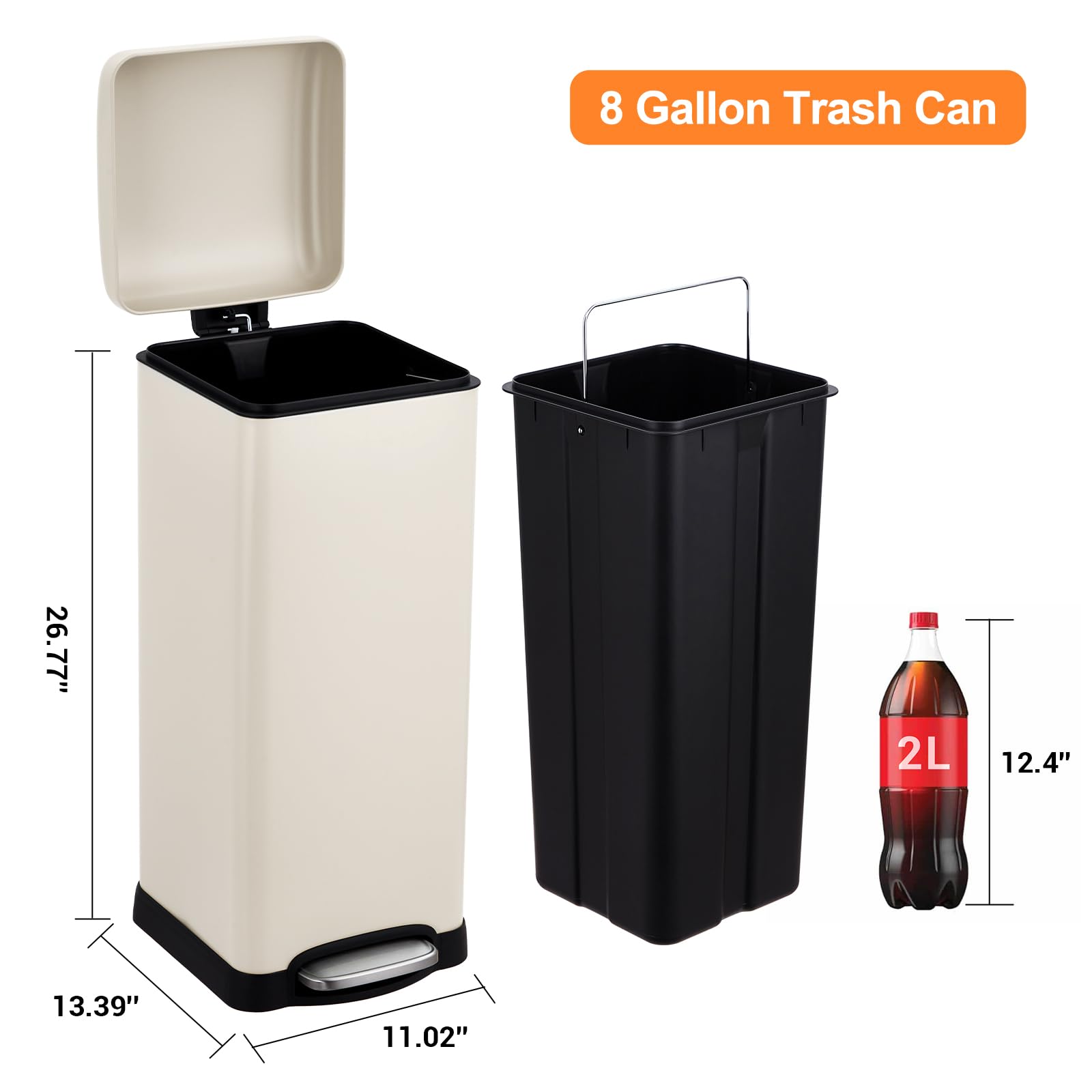 Pattumiera rettangolare Garvee da 8 gal/30 L in acciaio inox con coperchio a chiusura ammortizzata per cucina e sala da pranzo, anti-impronta, con secchio interno