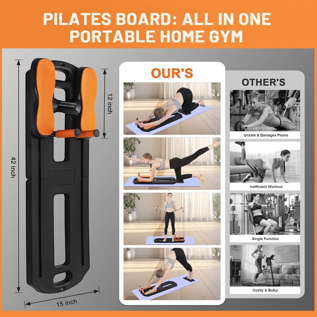 Garvee Pilates Reformer Machine con corda di resistenza per casa e palestra, 102x36x2 cm, pieghevole, nero