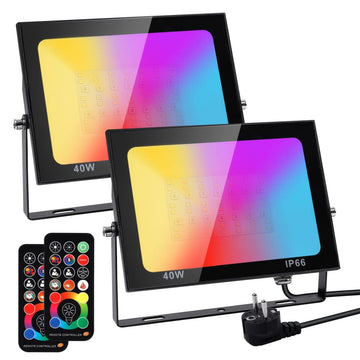 Proiettori LED RGB Garvee da 40 W, confezione da 2 proiettori LED per esterni, 10 modalità, impermeabili IP66, 256 colori, bianco caldo 3000 K, illuminazione da giardino