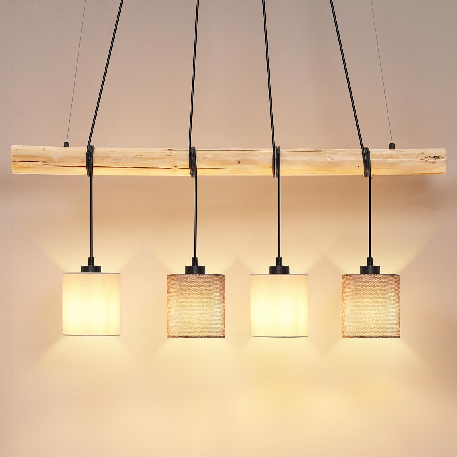 Garvee Lampada A Sospensione Da Tavolo In Legno 4 Lampadine Paralume In Tessuto Stile Moderno Bianco/Grigio Per Soggiorno Altezza Max 135 Cm
