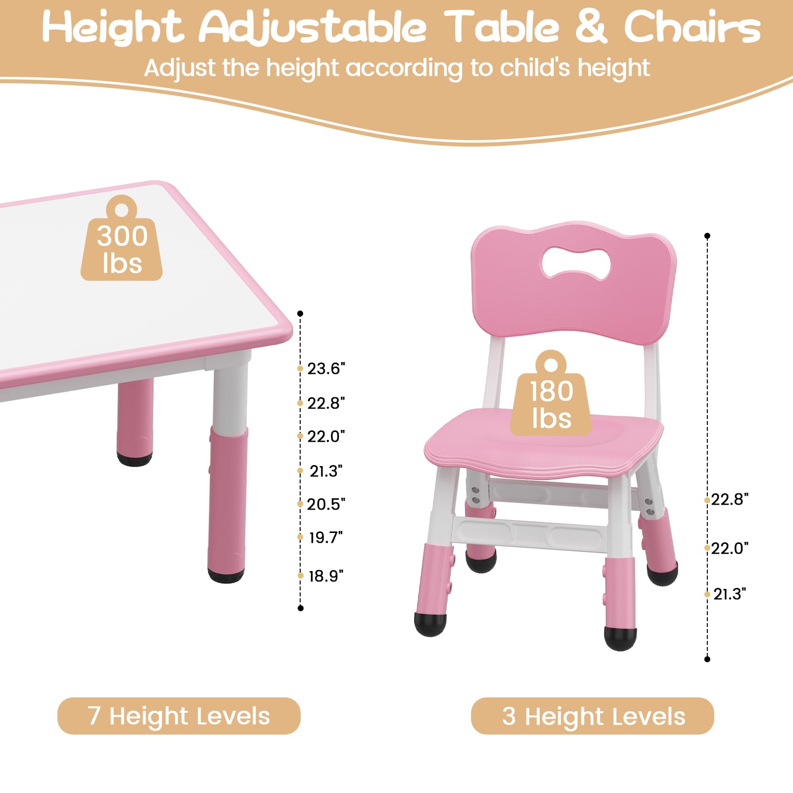 Garvee Set Tavolo e 6 Sedie per Bambini, Altezza Regolabile, Piano Graffiti, Materiale Sicuro, Antiscivolo, Casa e Scuola, Multicolore, Dimensioni Variabili