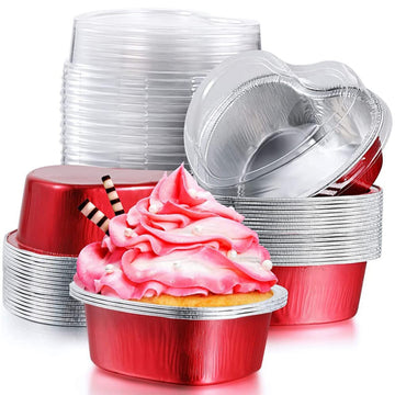 Pirottini per cupcake in alluminio Garvee, 50 pezzi, foglio di alluminio, mini cupcake mousse a forma di cuore, 100 ml, rosso, per picnic, matrimoni, feste