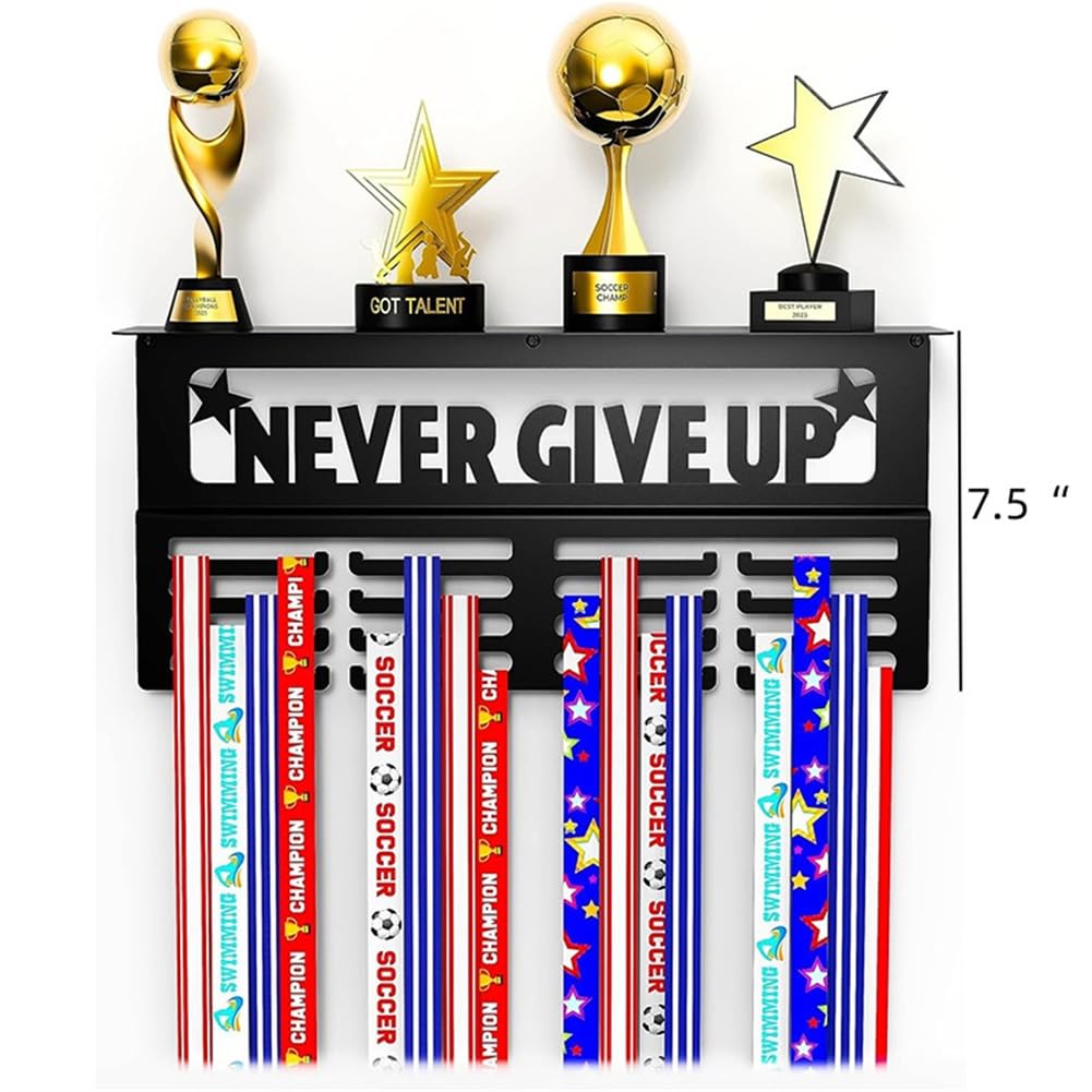 Garvee Espositore Medaglie Sportivo in Acciaio Nero - 64+ Medaglie, 4 File Ganci Anticaduta, Ripiano 10 cm, Montaggio Facile, Motivazionale, Per Ginnastica e Corse