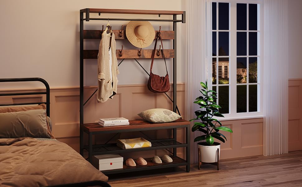 Appendiabiti grande Garvee con scarpiera e panca, con 3 ripiani, ganci, struttura in metallo rimovibile, per ingresso, 39,9"x15,7"x72" in stile industriale