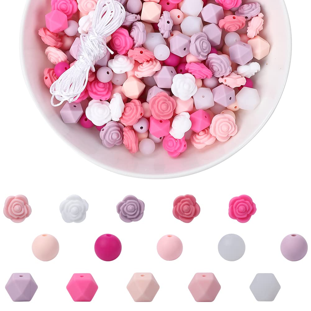 Garvee Kit 200pz Perline Silicone per Portachiavi Kit Fai-da-Te, 5M Corda, Perline Rotonde 12mm e Poligonali, Rosa, Accessori Gioielli, Artigianato Creativo