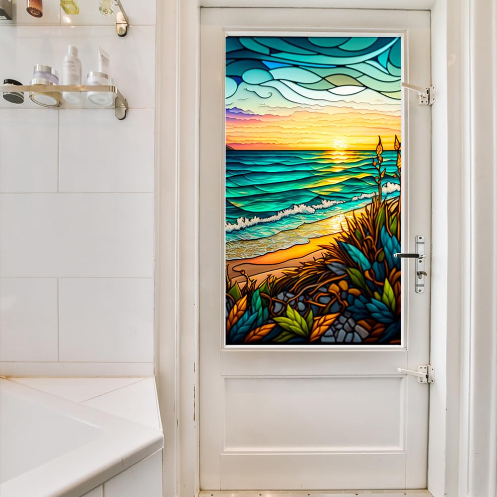 Pellicola per finestre in PVC Garvee con motivo tramonto sul mare, 45x100 cm, colorata, non adesiva, riutilizzabile, per soggiorno e ufficio