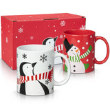 Set di 2 tazze natalizie Garvee, pupazzo di neve e pinguino, 340 ml, in ceramica, adatte al microonde e alla lavastoviglie, confezione regalo, scena festiva