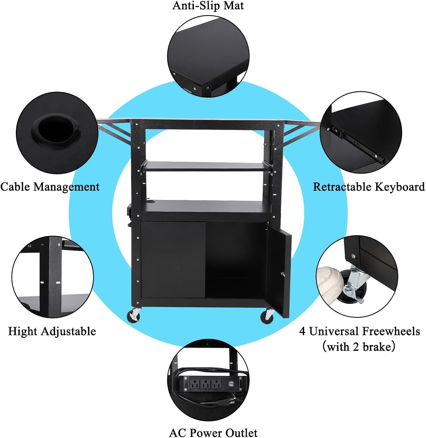 Carrello AV mobile Garvee con mobiletto bloccabile, altezza regolabile, supporto per laptop, acciaio, postazione di lavoro mobile, spazio di archiviazione, ideale per uffici, nero