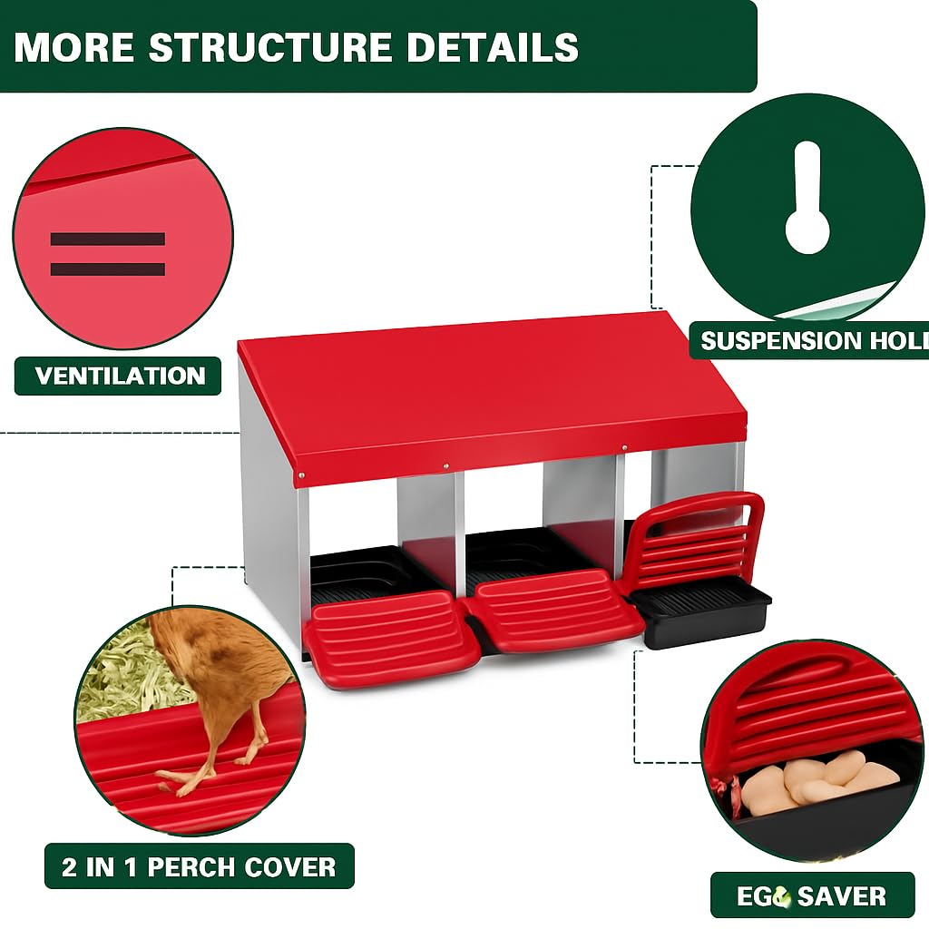 Nido per polli Garvee, in metallo, 3 scomparti, design estraibile, per pollaio, resistente, ventilato, facile da pulire