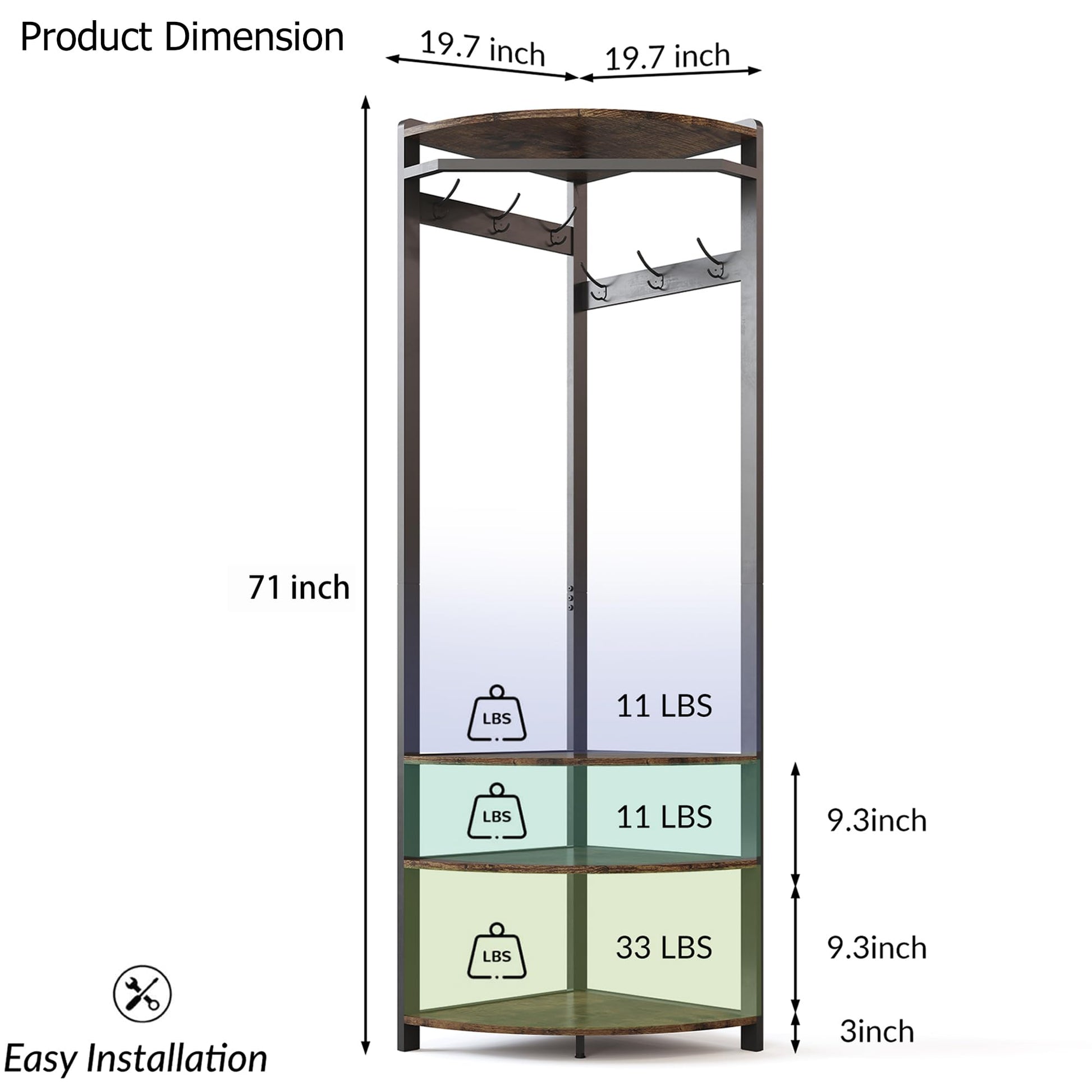Armadio angolare Garvee con scarpiera, 6 ganci doppi, legno, robusta struttura antiribaltamento per corridoio e ingresso, salvaspazio, 70,8 pollici, marrone