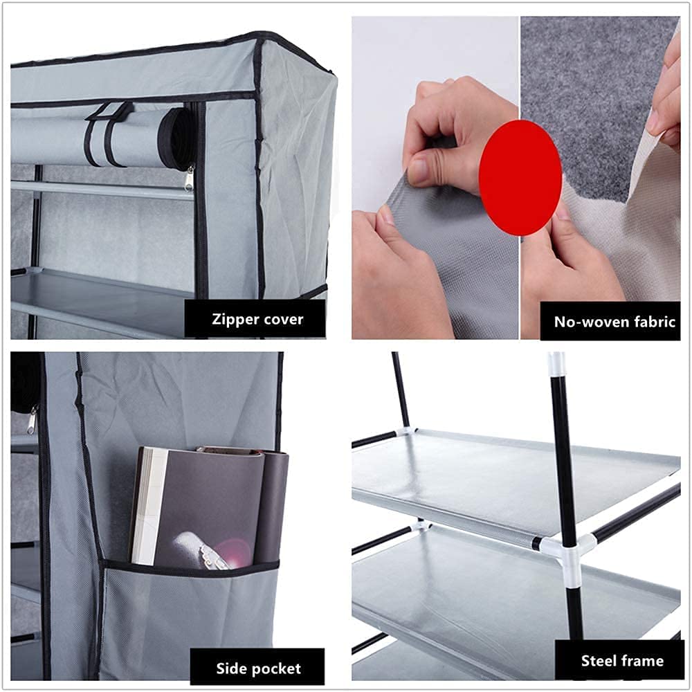 Scarpiera Garvee a 10 ripiani con copertura antipolvere e cerniera, struttura in metallo, 30 x 60 x 160 cm, per tacchi alti e scarpe sportive, marrone