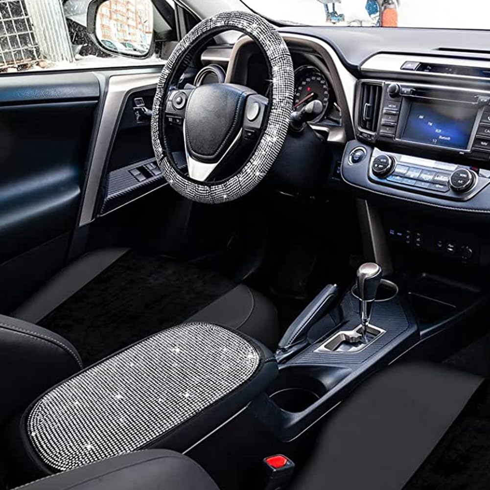 Garvee - Set di 15 coprisedili auto scintillanti per donna con coprivolante in cristallo, vellutati e traspiranti, universali, con console centrale, per uso quotidiano ed eventi