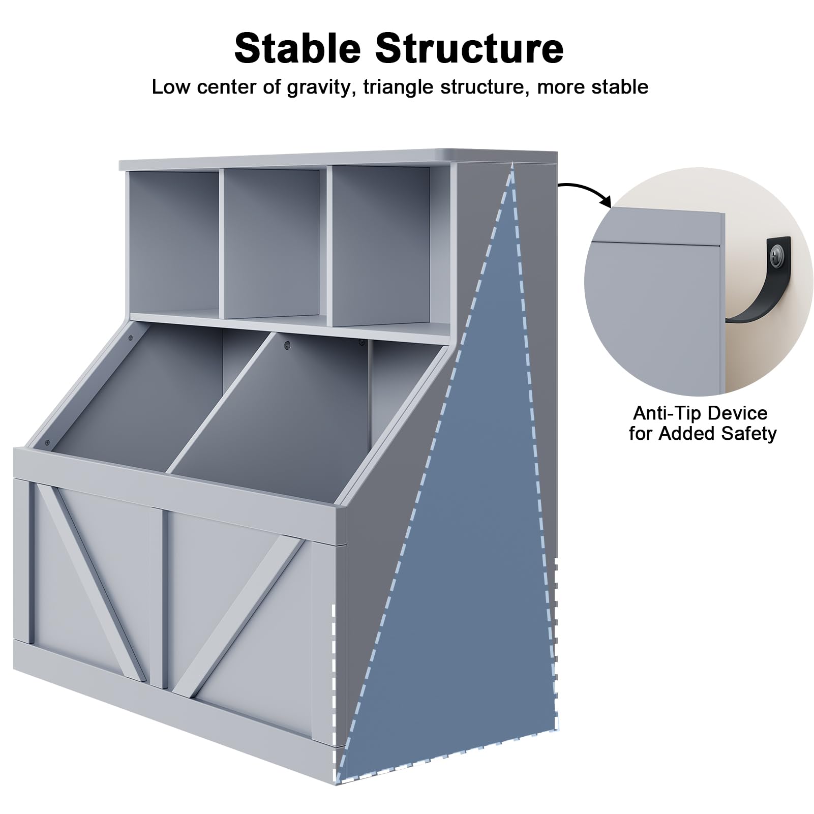 Libreria per bambini e organizer per giocattoli Garvee con 3 ripiani aperti, 2 grandi scatole, grigio per cameretta e sala giochi, robusta, sicura, MDF, 35,4"x16,5"x36,2"