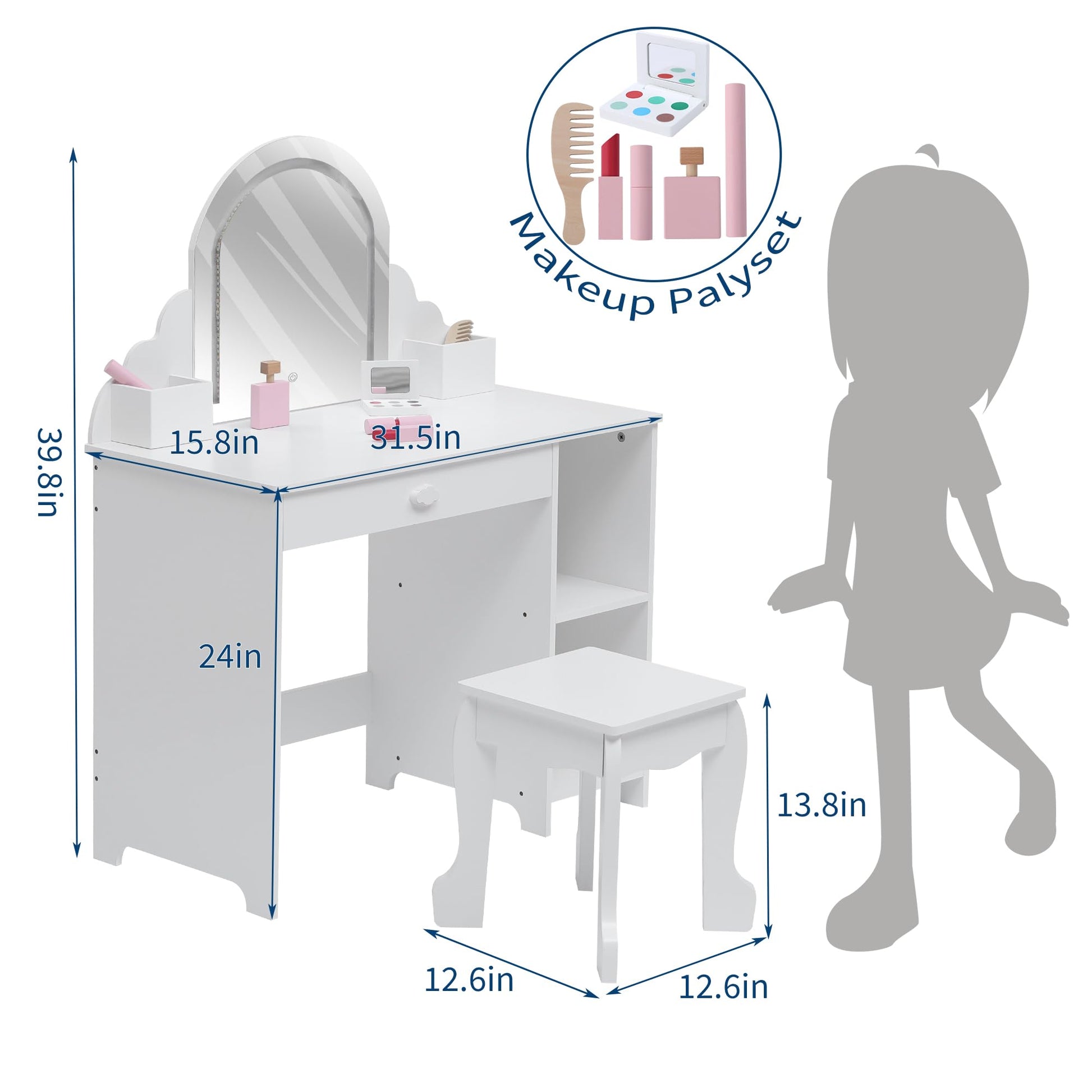 Tavolo da toeletta per bambini Garvee con specchio illuminato e sgabello per bambine dai 3 ai 9 anni, MDF, bianco, luce LED, ampio spazio di archiviazione