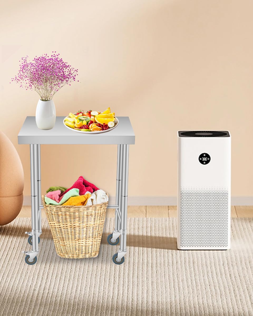 Tavolo da lavoro in acciaio inox Garvee 18x28 pollici con ruote, robusto e mobile, resistente al calore, antiruggine per cucina e officina, argento