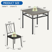 Set da pranzo Garvee da 3 pezzi per 2 persone, tavolo quadrato con sedie imbottite, legno MDF, grigio rustico, compatto per cucina e sala da pranzo