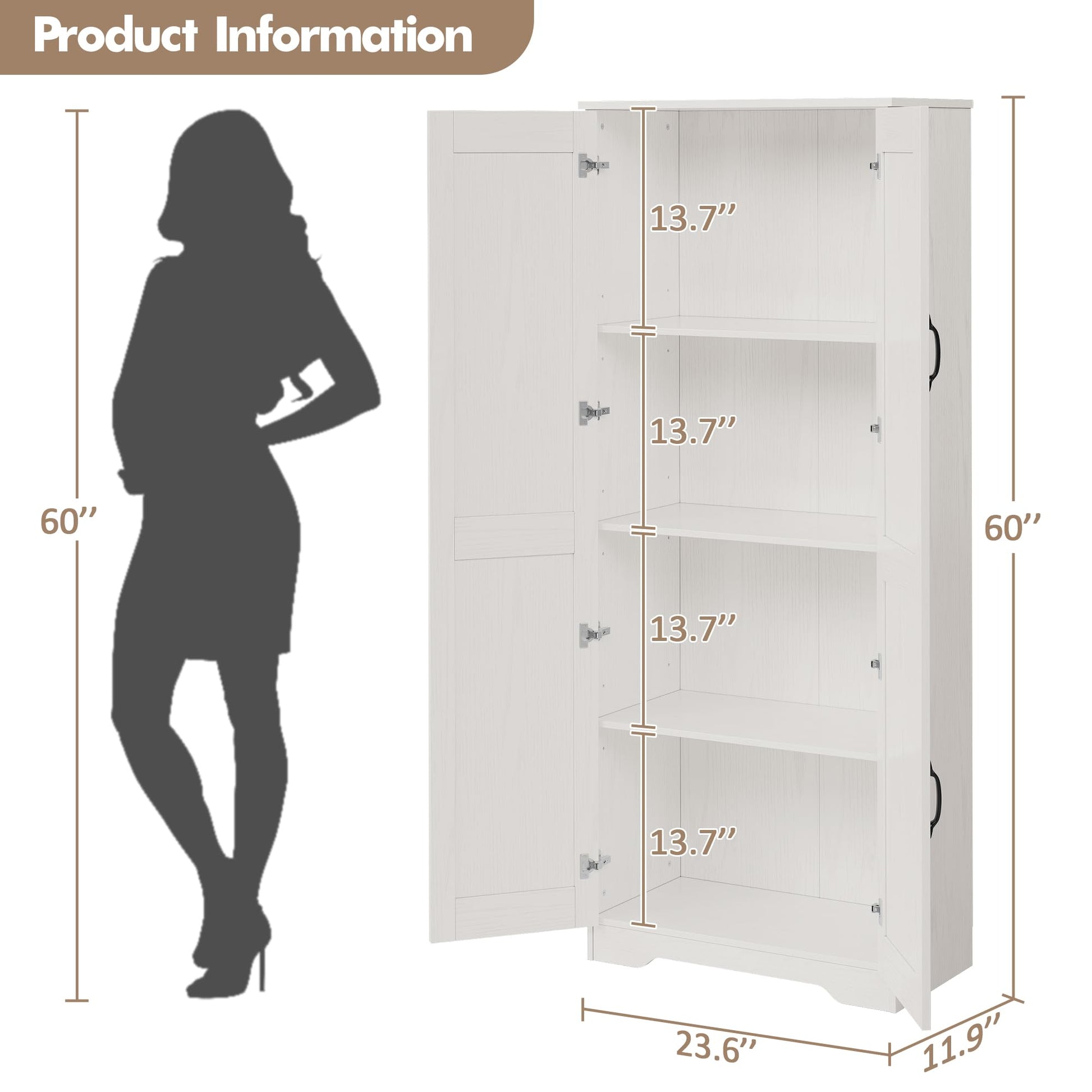 Mobile dispensa alto Garvee da 60" con 2 ante, ripiani regolabili, bianco, versatile per cucina e bagno