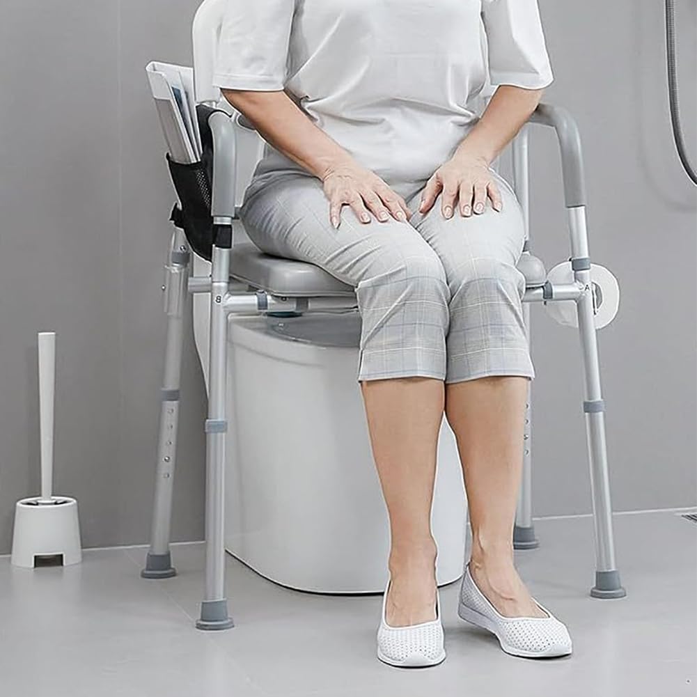 Sedile WC rialzato Garvee con braccioli, regolabile in larghezza e altezza, imbottito, telaio in alluminio, antiscivolo, per anziani, incl. porta carta igienica