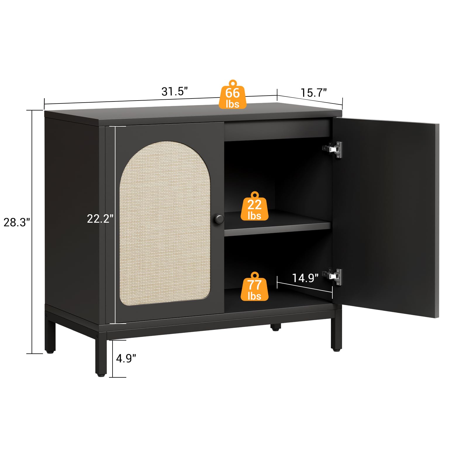 Credenza in rattan Garvee con ante in rattan, ripiani regolabili, truciolato, piedini in metallo per sala da pranzo e corridoio, colori naturali